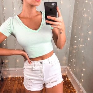 Neon Green Ribbed Deep V-Neck Crop Top Tee